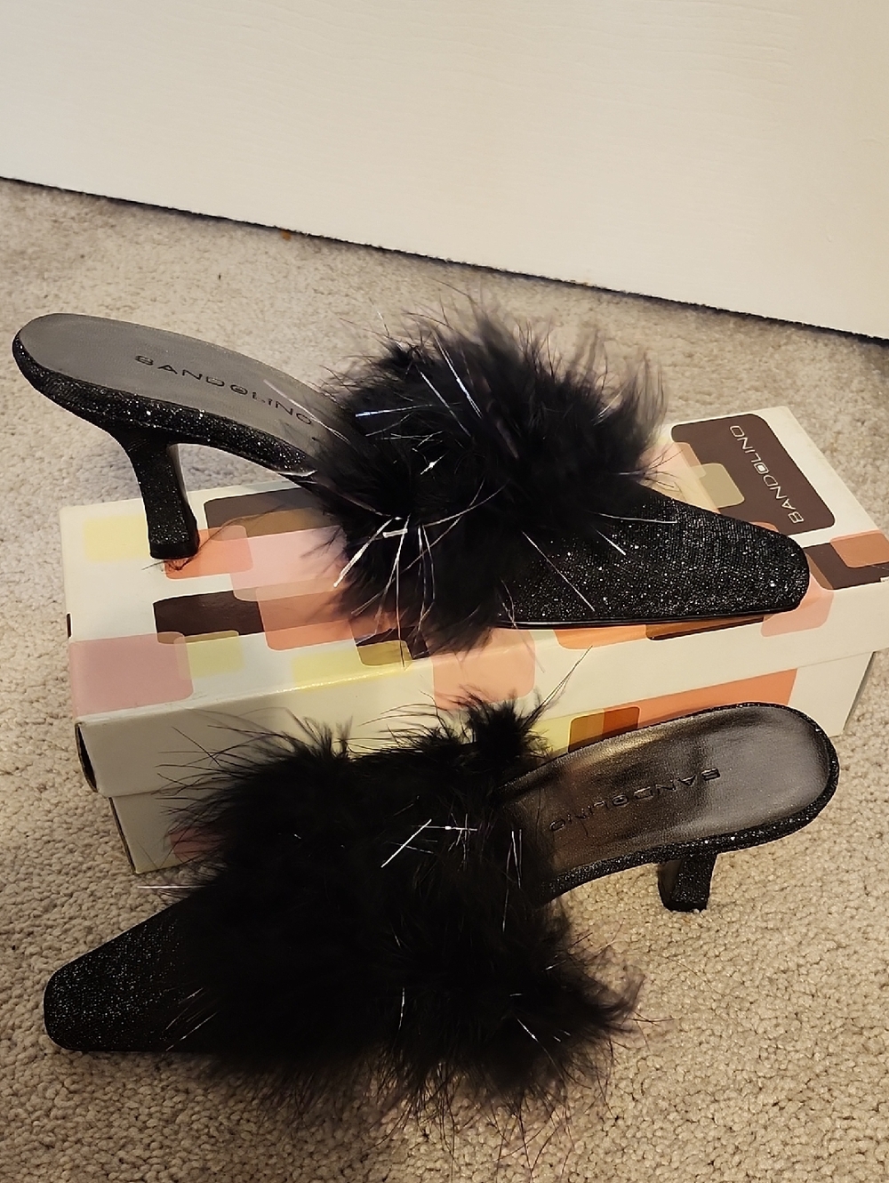 Bandolino Black Glitter Marabou Slip-On Kitten Heels